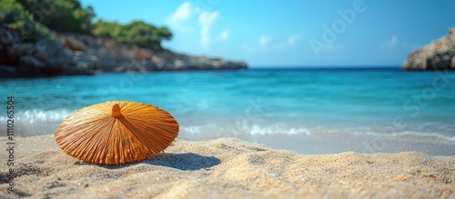 Close up of a straw beach umbrella on sandy shore with clear turquoise water and blue sky creating a tranquil seaside atmosphere photo