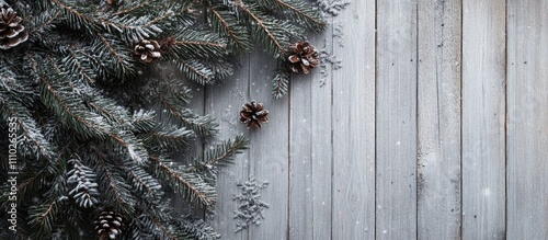 Christmas wooden backdrop with fir tree branches and pine cones featuring a blank space for customizable designs or seasonal promotions. photo