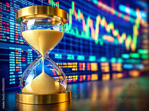 A golden hourglass with sand spilling onto the surface sits in front of a brightly lit financial stock market display. photo