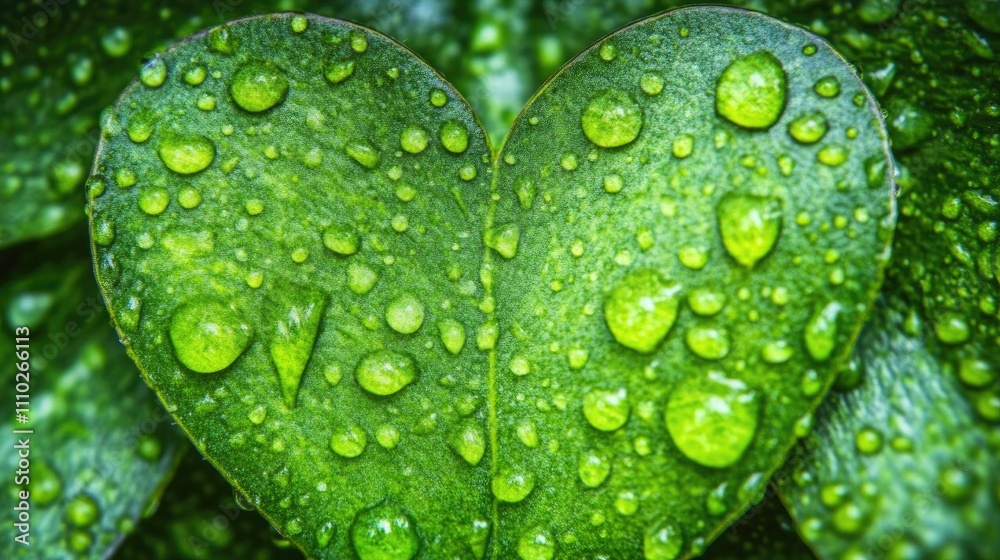 Heart-shaped green leaf with rain droplets offering a close-up view of nature's beauty and texture in macro photography