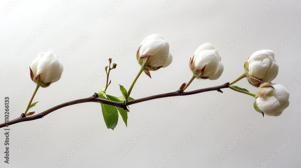 Cotton flower buds on a branch with green leaves set against a neutral backdrop showcasing natural beauty and simplicity Cotton flower buds on a branch with green leaves set against a neutral backdrop showcasing natural beauty and simplicity