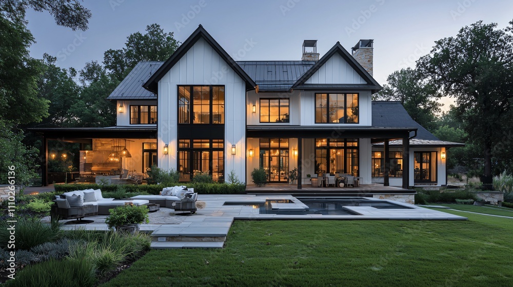 Modern farmhouse with white exterior set amidst lush greenery at dusk Modern farmhouse with white exterior set amidst lush greenery at dusk