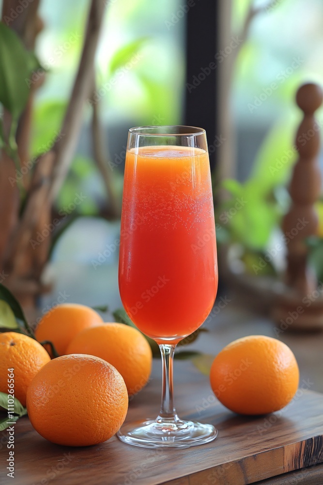 A vibrant drink in a glass with oranges on a wooden surface, showcasing freshness and relaxation. A vibrant drink in a glass with oranges on a wooden surface, showcasing freshness and relaxation.