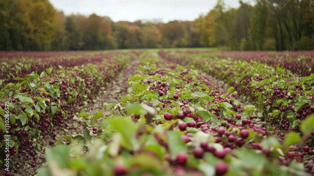 Cranberry fields during autumn harvest showcasing vibrant red berries among lush green vegetation and scenic natural surroundings. Cranberry fields during autumn harvest showcasing vibrant red berries among lush green vegetation and scenic natural surroundings.
