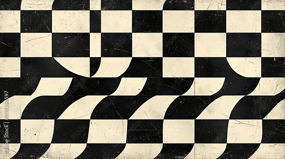 Fototapeta premium Black and white geometric shapes arranged in a grid pattern creating a dynamic visual effect