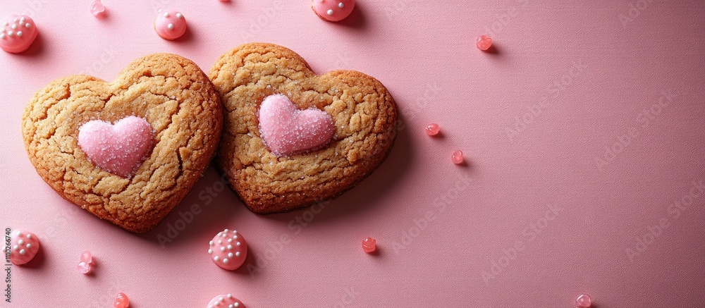 Heart-shaped cookies and candies on a soft pink background ideal for Valentine's Day treats and romantic celebrations