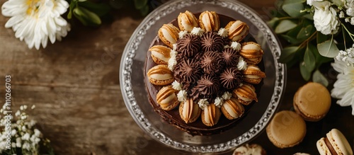 Chocolate cake decorated with cookies and nuts on a glass plate with macaroons surrounded by white flowers and green leaves in natural light