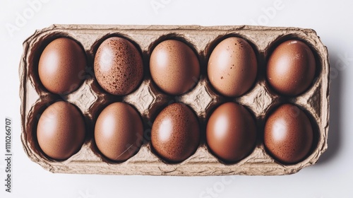 Chocolate eggs in a carton on a white background showcasing various textures and shades suitable for festive themes or food-related concepts photo