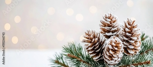Festive holiday background with frosted pinecones and evergreen branches against a soft bokeh light backdrop perfect for seasonal greetings. photo
