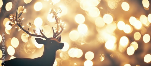 Decorative deer silhouette with glowing lights and garland in a festive blurred background for holiday themes and celebrations. photo