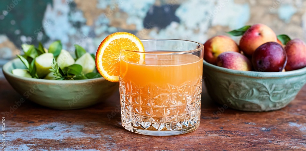 A refreshing drink alongside fresh fruits, showcasing a vibrant, inviting setting.