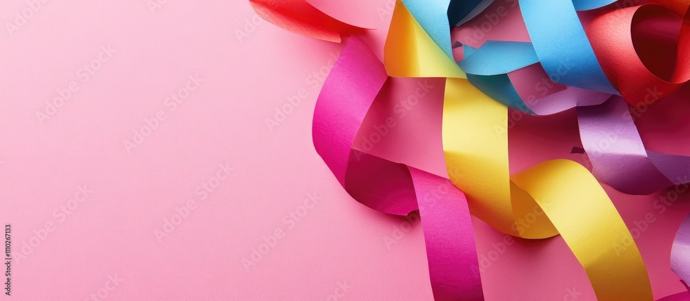 Colorful party streamers in vibrant hues on a soft pink background Celebration decoration concept for festive events and gatherings Colorful party streamers in vibrant hues on a soft pink background Celebration decoration concept for festive events and gatherings