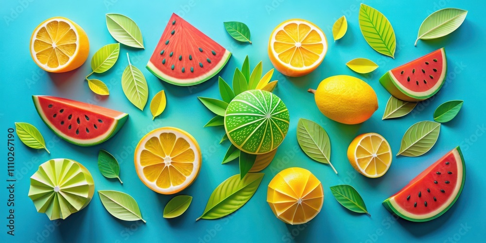 A vibrant summer fruit pattern featuring watermelon, lemon, and lime slices, with green leaves scattered across a blue background.