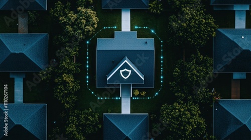 Top-down view of a home with glowing digital perimeter indicating advanced smart home security, surrounded by trees, emphasizing safety and innovation