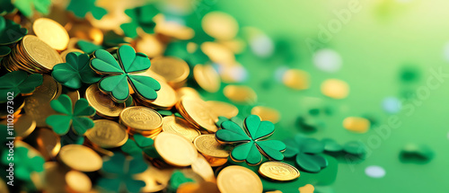 A festive display of shamrocks and golden coins celebrating St. Patrick's Day.