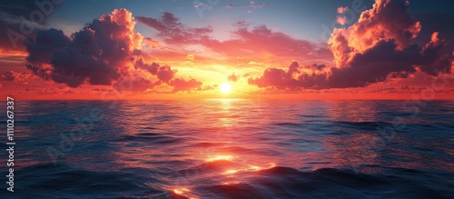 Vibrant sunset reflecting on calm ocean waters with dramatic clouds enhancing the picturesque evening sky photo