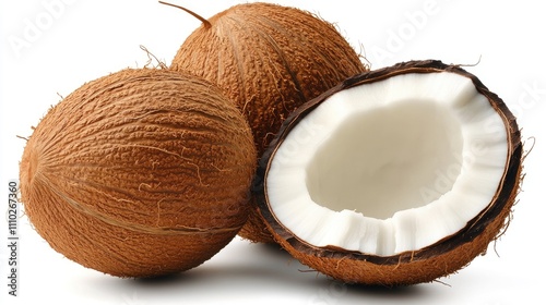 Coconut fruits arranged on a white background showcasing their textured brown shells and exposed white interior flesh.