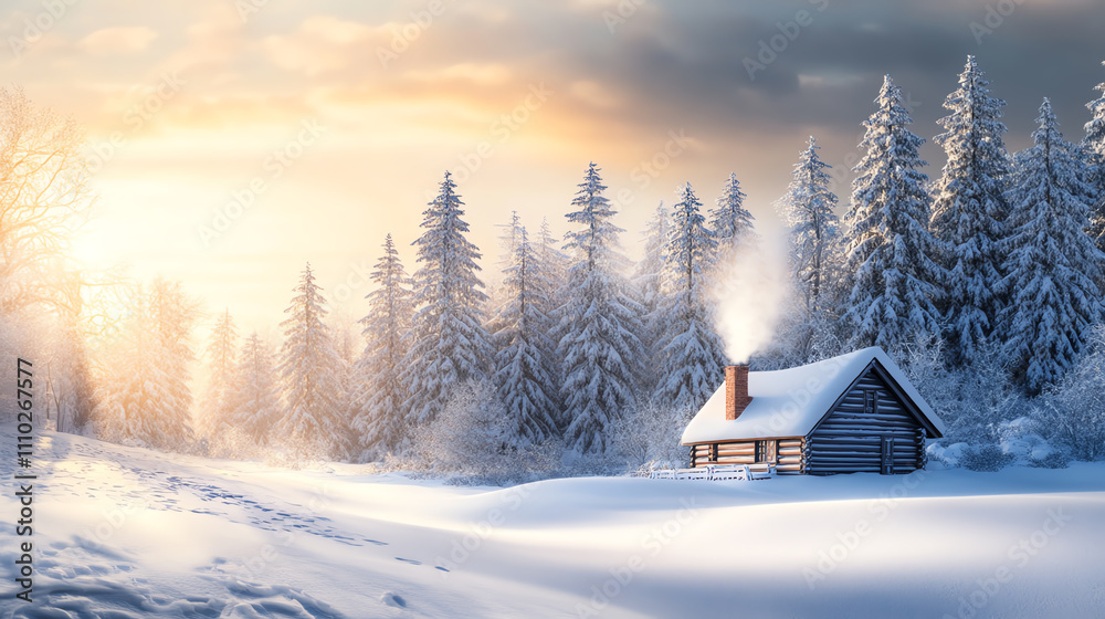 Naklejka premium A serene winter landscape featuring a cozy cabin amidst snow-covered trees.