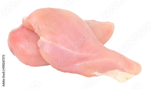 Two fresh raw prepared skinless chicken meat breasts isolated on a white background