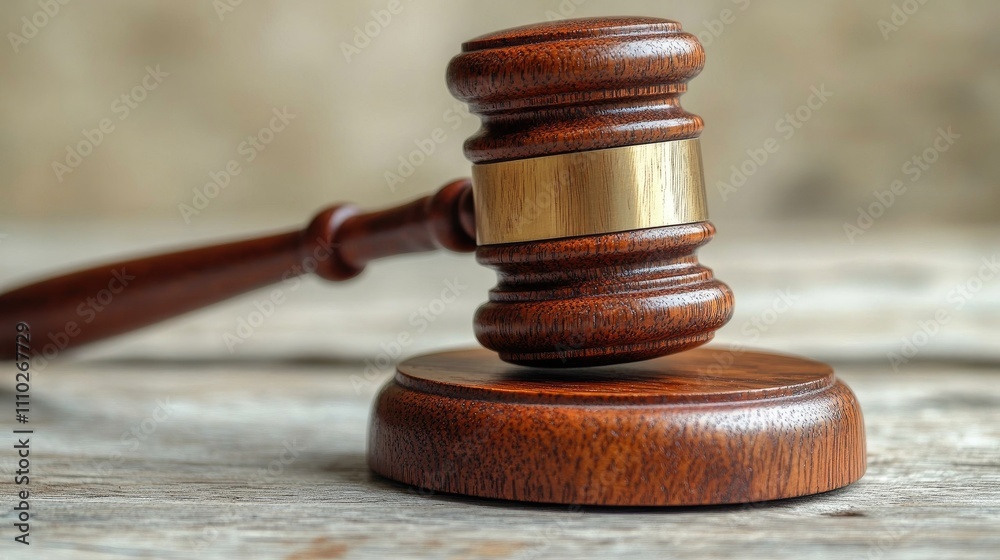 Close-up of a polished wooden gavel on a textured surface symbolizing justice and legal authority in a courtroom setting. Close-up of a polished wooden gavel on a textured surface symbolizing justice and legal authority in a courtroom setting.