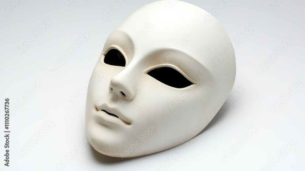 Close up of a classic white theatrical mask on a neutral background emphasizing simplicity and mystery. Close up of a classic white theatrical mask on a neutral background emphasizing simplicity and mystery.