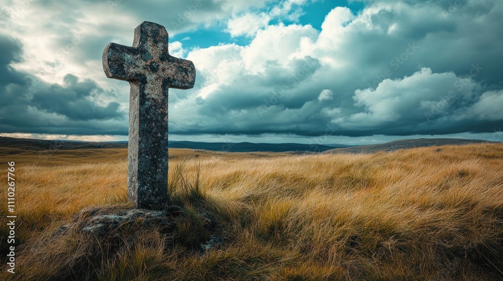 An ancient stone cross in a windswept landscape, dramatic clouds in the background An ancient stone cross in a windswept landscape, dramatic clouds in the background