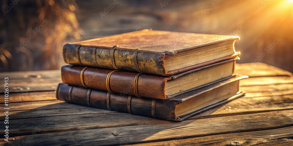 A Stack of Well-Worn Leather-Bound Books on a Wooden Table in the Warm Glow of the Setting Sun A Stack of Well-Worn Leather-Bound Books on a Wooden Table in the Warm Glow of the Setting Sun