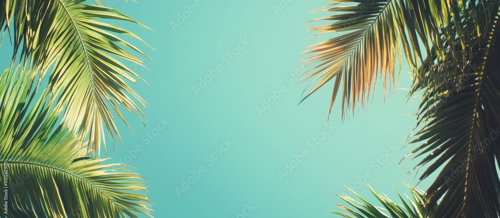 Coconut palm leaves framing a serene blue sky creating a tranquil nature background for various design projects and marketing materials