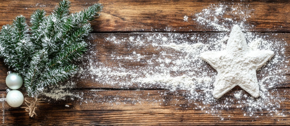 Christmas tree and flour dusted wooden table with star shaped cookie perfect for festive holiday baking and decoration concepts Christmas tree and flour dusted wooden table with star shaped cookie perfect for festive holiday baking and decoration concepts
