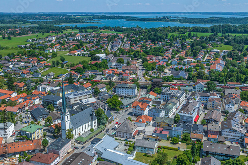 Die Marktgemeinde Prien am Chiemsee am oberbayerischen Alpenrand von oben  photo