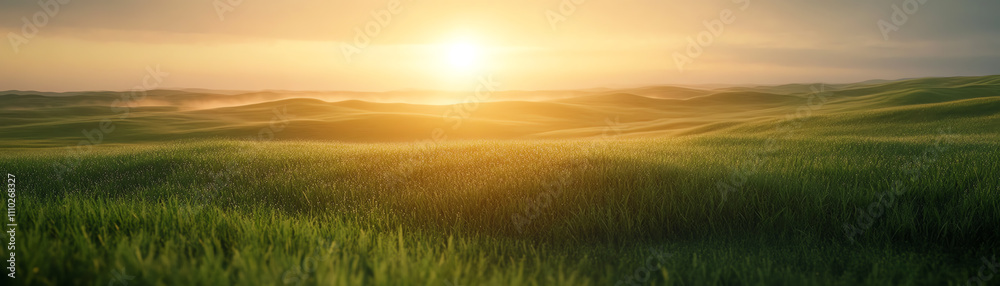 Serene landscape at sunrise with lush green fields and a golden horizon.