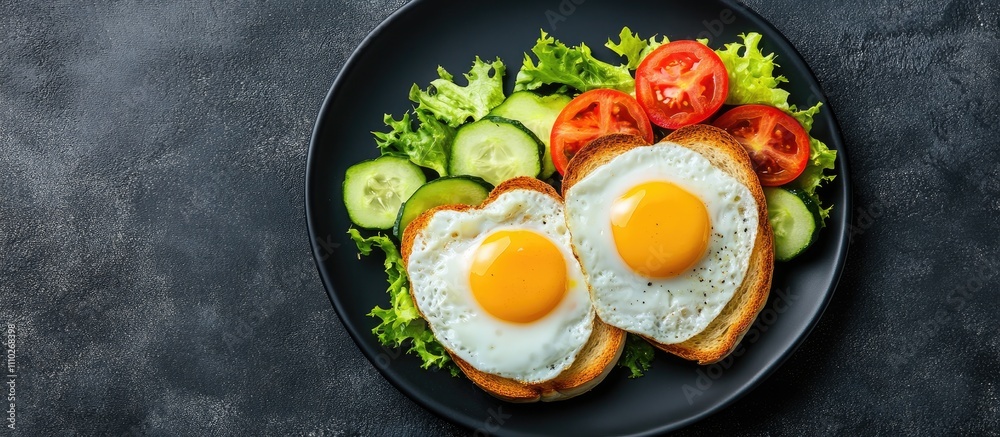 Heart shaped fried eggs on toast served with fresh vegetables for a nutritious breakfast aerial view. Heart shaped fried eggs on toast served with fresh vegetables for a nutritious breakfast aerial view.