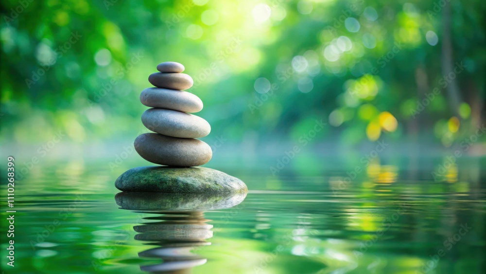 A Stack of Smooth Stones Resting on a Large Rock in Still Water with a Blurred Green Background A Stack of Smooth Stones Resting on a Large Rock in Still Water with a Blurred Green Background