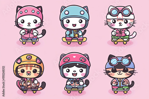 Kawaii Style Cats on Skateboards in Pink Background