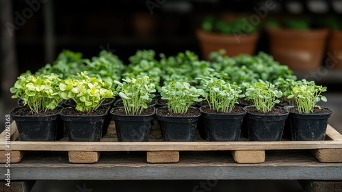 Seedlings growing in black pots arranged on a wooden tray with various green plants in a garden nursery setting