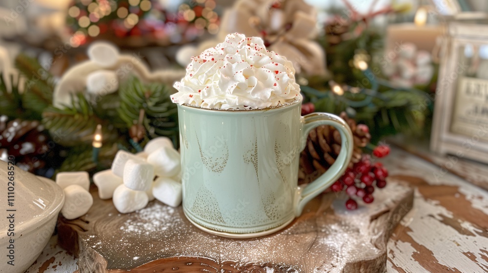 A cozy mug of hot chocolate topped with fluffy whipped cream and a peppermint candy cane stirrer, with marshmallows on the side and holiday decor in the background. A cozy mug of hot chocolate topped with fluffy whipped cream and a peppermint candy cane stirrer, with marshmallows on the side and holiday decor in the background.