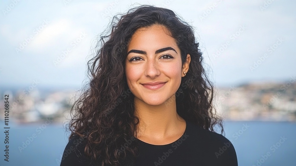 Young woman with curly hair smiling confidently against a blurred background showcasing natural beauty and warmth. Young woman with curly hair smiling confidently against a blurred background showcasing natural beauty and warmth.
