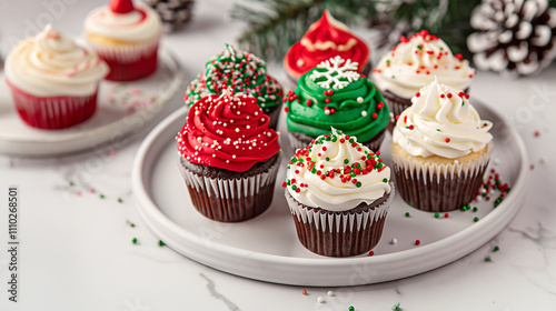 A set of Christmas-themed cupcakes with vibrant red, green, and white frosting, topped with holiday sprinkles, candy canes, and small edible snowflakes, on a white plate.