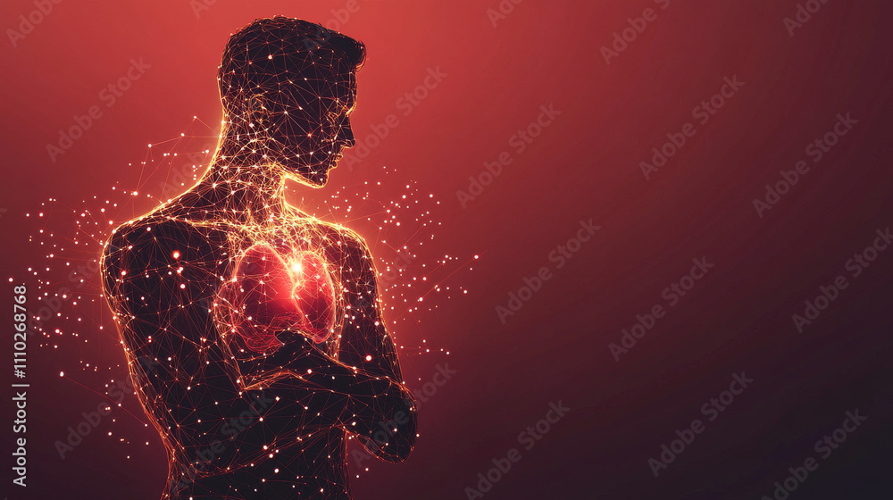 Man silhouette healthy heart beats 3d medicine model low poly. Triangle connected dots glow point red background. Pulse internal body modern innovative technology render vector illustration Man silhouette healthy heart beats 3d medicine model low poly. Triangle connected dots glow point red background. Pulse internal body modern innovative technology render vector illustration
