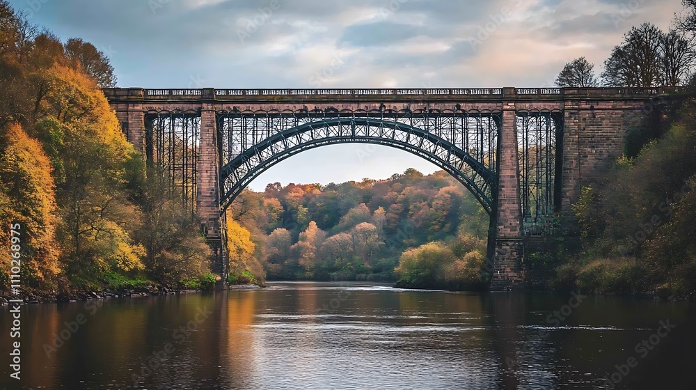 Fototapeta premium Iron bridge spanning autumnal river valley.
