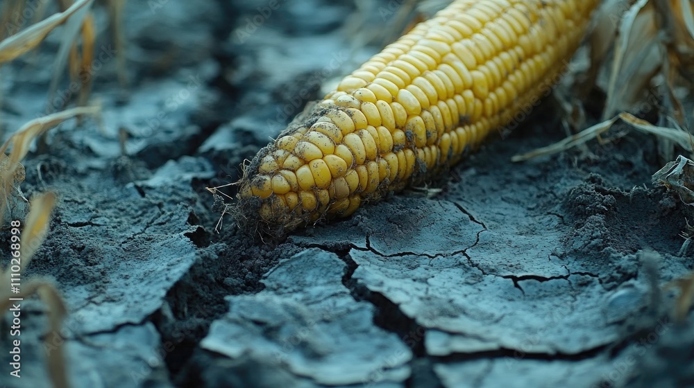 Drought-affected corn field with cracked dry soil highlighting the impact of extreme weather on agriculture and food security Drought-affected corn field with cracked dry soil highlighting the impact of extreme weather on agriculture and food security