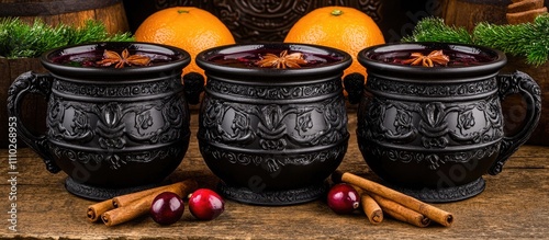 Rustic mugs of mulled wine with orange slices cranberry anise and cinnamon on wooden table festive winter beverage concept photo