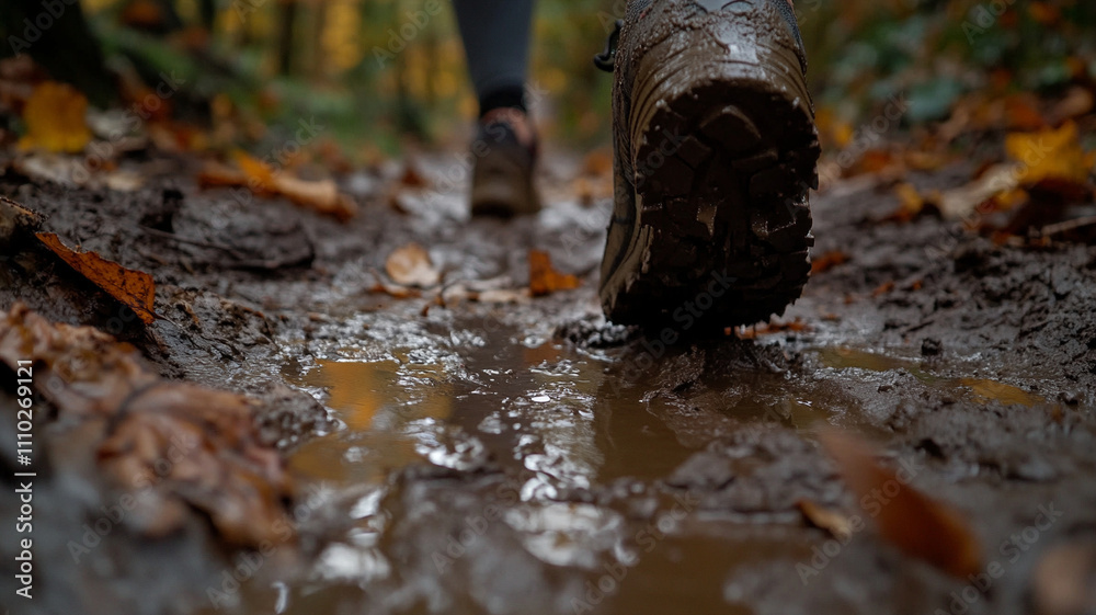 close up of runner shoe gripping muddy terrain, showcasing nature beauty close up of runner shoe gripping muddy terrain, showcasing nature beauty