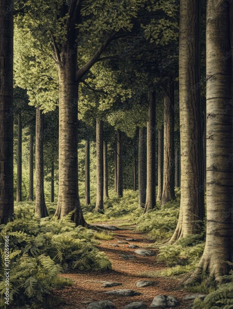 Fototapeta premium Forest scene with many trees illustration