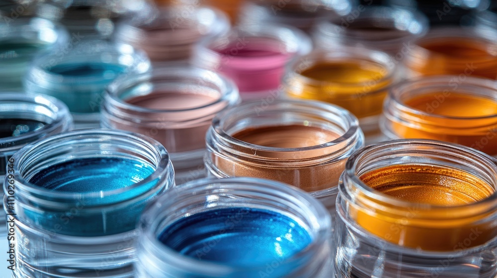 Colorful cosmetic containers arranged neatly on a white background showcasing their vibrant hues and reflections. Colorful cosmetic containers arranged neatly on a white background showcasing their vibrant hues and reflections.