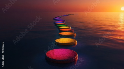 An illuminated path with different colored stepping stones leading towards a bright horizon, Symbolizing the journey towards inclusivity and the various paths people take, minimalist style