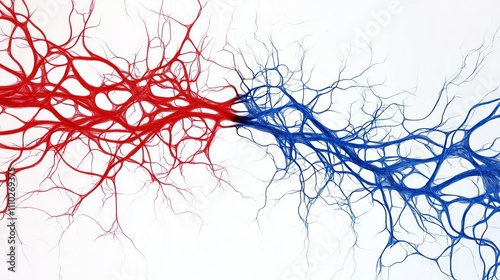 Abstract red and blue vascular network on a white background, artistic interpretation of blood flow