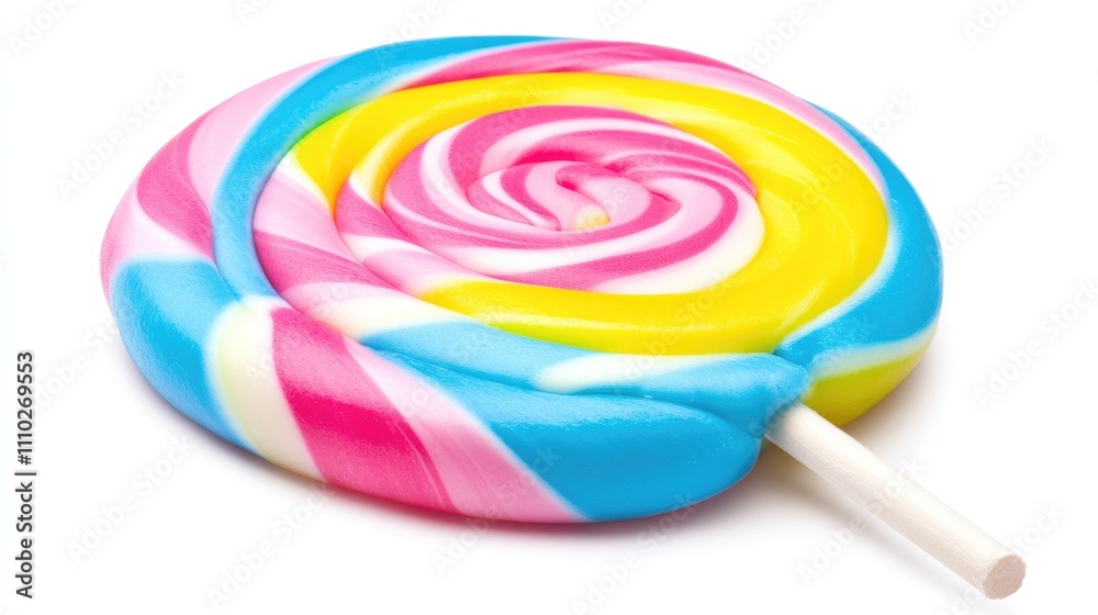 Vibrant swirled lollipop with pink yellow and blue colors on a clean white background showcasing candy delight and playful sweetness Vibrant swirled lollipop with pink yellow and blue colors on a clean white background showcasing candy delight and playful sweetness