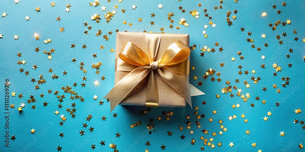 A golden gift box with a bow sits on a blue background surrounded by scattered gold stars. A golden gift box with a bow sits on a blue background surrounded by scattered gold stars.
