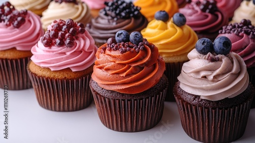 Colorful gourmet cupcakes arranged on a clean white surface showcasing a variety of flavors and decorative toppings.